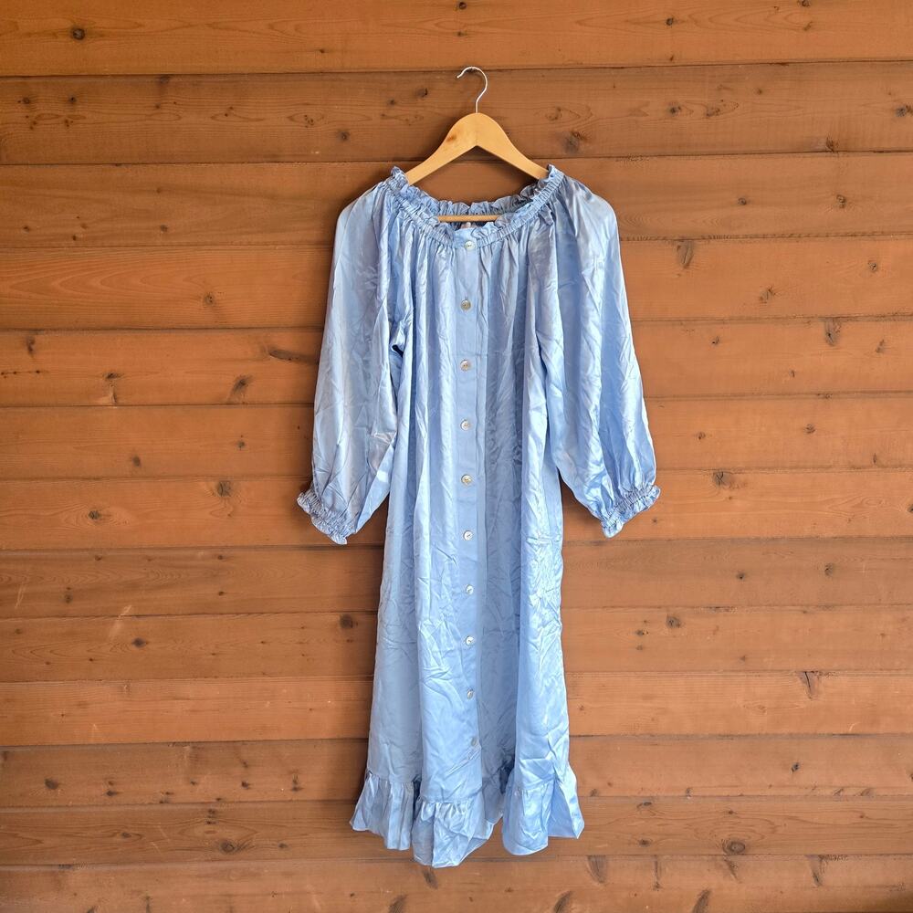 Sleeper Maria Blue Silk Loungewear Dress NWOT Button Down Oversized Ruffle Chic - Picture 2 of 9